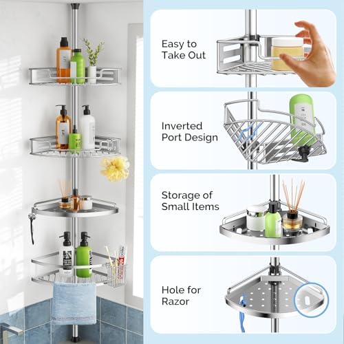 HAMITOR Shower Caddy Tension Pole, 4 Tier Corner Shower Shelves - Silver - Image 6
