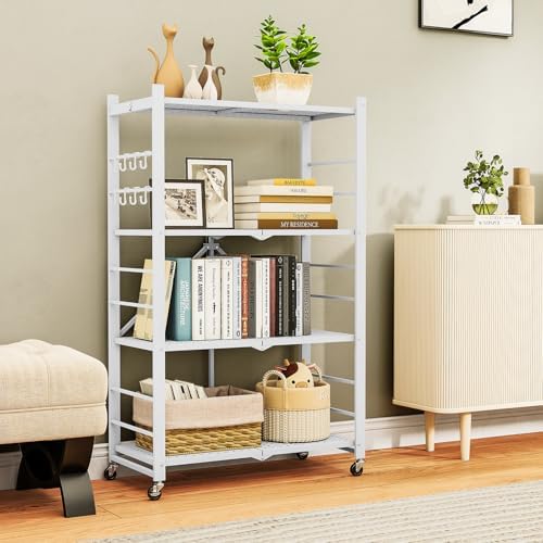 Fenbeli Foldable Shelves with Wheels - 4 Tier Folding Shelf, Collapsible No Assembly Metal Shelving Unit, Origami Storage Shelves & Rolling Storage Rack with 8 Hooks for Kitchen Pantry Garage - Image 2