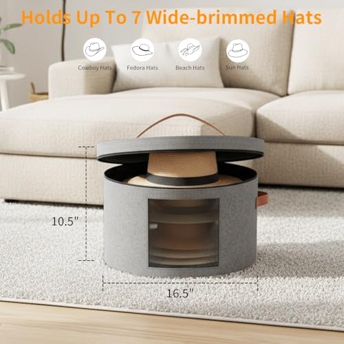 Samplife Hat Box,Hat Storage Box,Stackable Round Brim Hats Organizer Bag Container for Closet,Travel Hat Boxes for Women, Cowboy Hat Organizer, FoldableTravel Cap Boxes (01-Grey, 16.5" D x 10.5" H) - Image 2