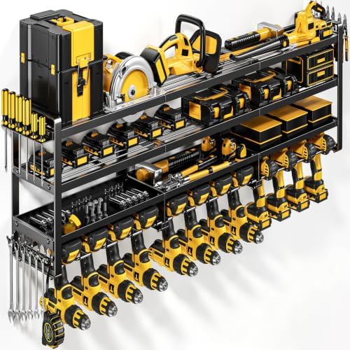 POKIPO 49" W Large Power Tool Organizer Wall Mount, 4 Layer Heavy Duty Loads 800 lbs, Tool Storage Rack Holds 12 Cordless Drills, Large Capacity Battery Holder for Garage, Gift for Men by POKIPO