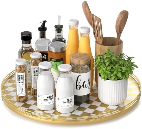 Gold and White Checkerboard Lazy Susan with Rubberwood Base and Metal Rail by AMH
