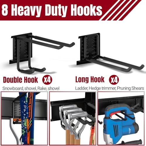 99" Garage Tool Organizer Wall Mount, 28 Pack Heavy Duty Wall Mount Garage Storage Rack Carries1000 lbs, Metal Wall Mount Tool Hanger for Shovels, Rakes, Fits 16" Wall Studs (6 Panels) - Image 7