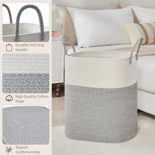 AINUOQI Laundry Basket with Handles - Blanket Basket & Hampers for Bedroom Aesthetic, Laundry Hamper & Blanket Storage for Living Room, Clothes Hamper, Tall,Large 21.7" x 16.9" x 11.8”, Light Grey - Image 4