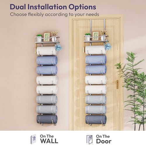 SWTYMIKI Over the Door Towel Rack - 9 Tier Towel Racks for Bathroom Wall Mounted, Towel Holder with Shelf, Hanging Rolled Towel Storage Organizer for Small Bathroom, Camper, RV, Sliver - Image 6