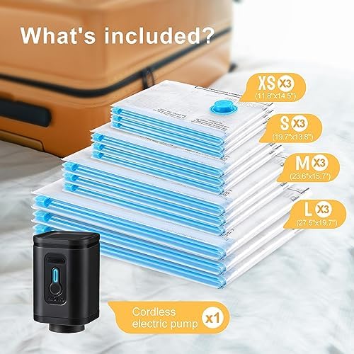 UPGOGO Combo 12 Pack Travel Vacuum Bags with Portable Electric Pump, Space Saver Vacuum Storage Bags for Clothing and Luggage, Travel Essentials - Image 2