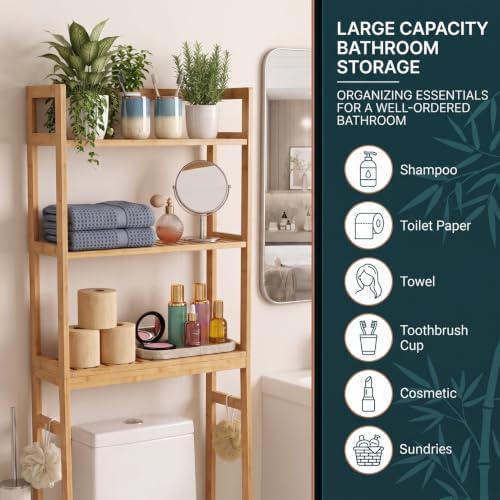 BAMBANG Over-the-Toilet Storage Shelf, 3-Tier Freestanding Bathroom Shelves with Adjustable Shelf Height and 3 Hooks, Space-Saving Organizer Rack Above Toilet, Bamboo Natural - Image 4