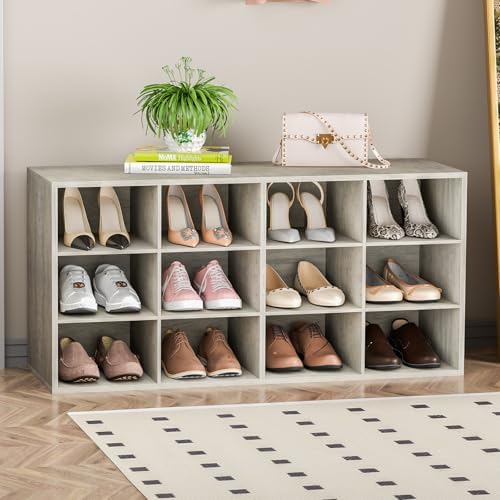 Garden 4 you Shoe Storage Bench, Cubby Shoe Rack with 12 Cubbies, 3-Tier Wood Shoe Rack Organizer, Shoe Organizer Cabinet for Entryway, Hallway, Closet and Garage, Grey by Garden4you