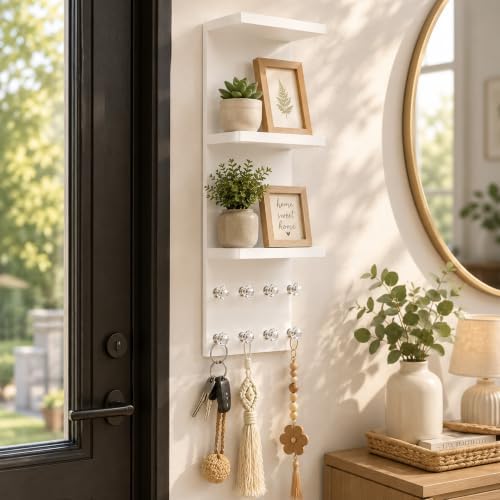 3 Tier White Floating Wall Vanity Shelf with 8 Crystal Hooks, Set of 2 Wall Mounted Bathroom Organizer for Perfume, Makeup, Skincare, Jewelry, Key Holder Display Shelf for Vanity, Entryway - Image 6