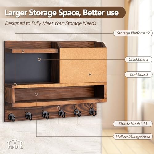 Key Holder for Wall Mount with Mail Organizer, Farmhouse Key Holder for Wall with Shelf, Chalkboard&Corkboard, Entryway Organizer 11 Metal Hooks, Decorative Natural Pine Wood, 14.6*11.1*3.3”, B-Brown - Image 6