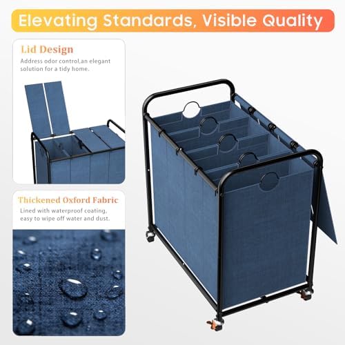 Laundry Sorter 4 Sections 48 Gal, Rolling Laundry Basket with Wheels ＆ Lid - Image 4