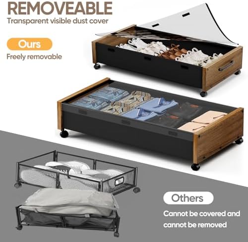 KITHELP Wooden Under Bed Storage with Wheels, Rolling Under the Bed Storage Bins with Removable Lid, Metal Under Bed Drawers for Clothes and Shoes in Bedroom or Living Room(Walnut Brown-2pack) - Image 4