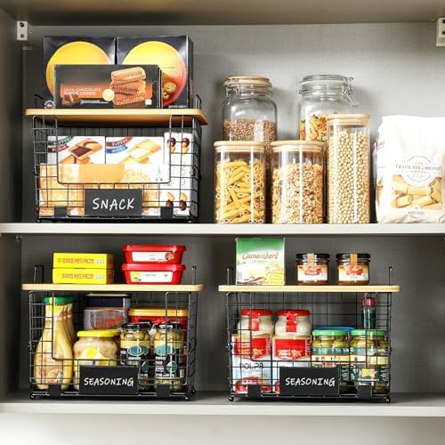 2 Set XL Stackable Wire Basket with Bamboo Tops & Tags- Pantry Organizer and Storage Bins, Kitchen Counter Cabinet Shelf Countertop Under Sink Organizing, Food Snack Produce Onion Potato Bread Storage - Image 2