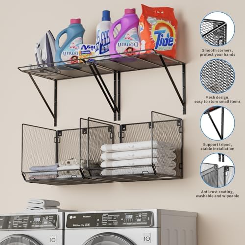 2 Pack Laundry Room Shelves Organization and Storage,Wall Mounted Clothes Drying Rack with Wire Mesh Basket Over Washer and Dryer, (Black, 2 Pack) - Image 3