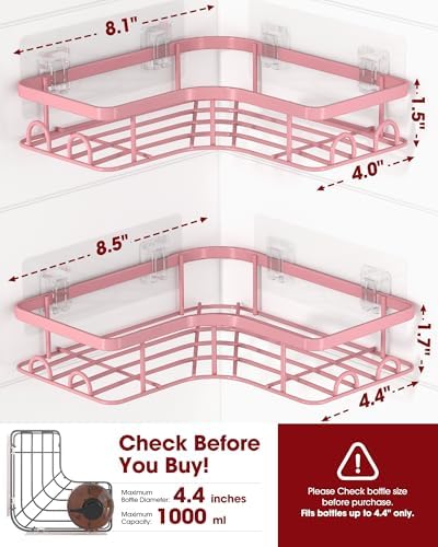 Sakugi Corner Shower Caddy - 2 Pack, Adhesive Shower Organizers, Rustproof Stainless Steel Shower Shelves with 8 Hooks, No Drilling Bathroom Organizers and Storage Racks, Space-Saving, Pink, Medium - Image 2