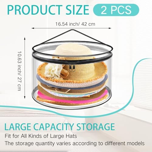 Aliceset 2 Pcs Oversized Clear Hat Boxes Storage Hard Plastic Zipper Case for Women, Holds up to 7 Caps Cowboy Hat Organizer for Closet, Wide Brims Case with Carrying Handles (Black) - Image 2