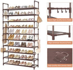 LANTEFUL Tall Shoe Rack 10 Tier Shoe Organizer Large Shoe Shelf with 18 Hooks Storage for 50 Pair Sneaker and Boot, Stackable Vertical Shoe Rack Organizer for Closet, Entryway, Bedroom, Brown - Image 4