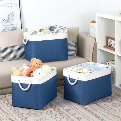 Bidtakay Large Storage Baskets for Shelves 3 Pack Fabric Storage Bins for Organizing Navy Blue Decorative Baskets Linen Collapsible Organizer for Closet - Image 2