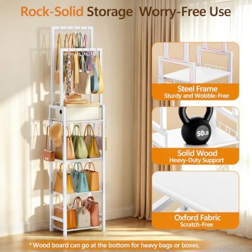 Tall Purse Organizer for Closet: 4-Tier Double Rods Purse Rack Stand,White - Image 5