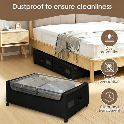 Under Bed Storage with Wheels, 4-Pack Under the Bed Storage Containers with Clear Lids & Label, Underbed Storage Bins, XXXL 85L 11 inches Rolling Metal Drawer for Clothes, Shoes, Toys, Books - Black - Image 2