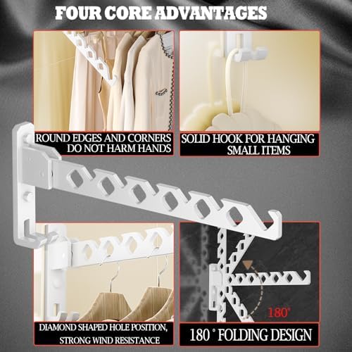 Dr.DJ Wall Mount Coat Hanger Holder White Clothes Drying Organizer Rack Garment Hooks Aluminium Retractable Folding Indoor Wall Mounted Hanger Space Saver for Laundry Room Bedroom White 2Pack - Image 2