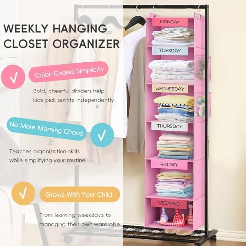 Weekly Hanging Closet Organizer for Kids, 6-Shelf Clothes Storage with Labeled Days of The Week Monday Through Friday, Weekday and Weekend, Days of the Week Clothes Organizer - Image 3