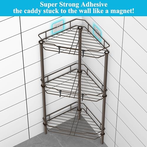 HuggieGems Metal Floor Standing Corner Shower Caddy, Bronze, 3 Tier - Image 2