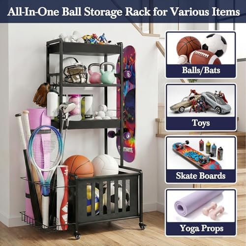 Faesun Sports Equipment Organizer, Ball Storage Rack for Garage, 4-Tier Indoor/Outdoor Rolling Ball Carts with Wheels for Toy Sports Gear Storage, Black - Image 3