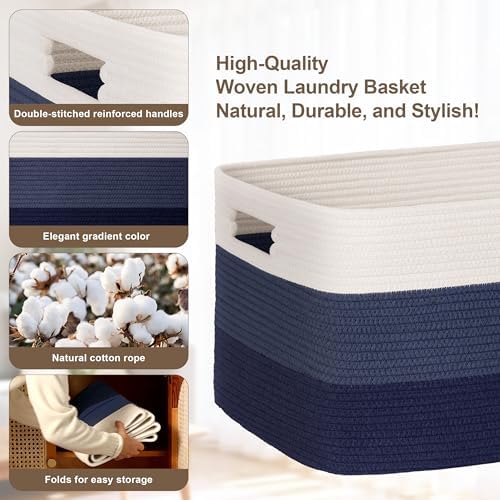 86L Large Woven Laundry Basket Hamper with Handles, Gradient Blue - Image 5
