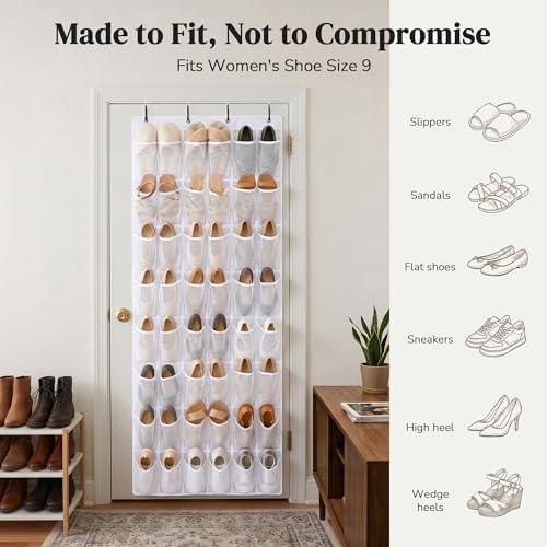 48 Pockets Over The Door Shoe Organizer, Large Mesh Hanging Shoe Rack, 6-Column Heavy Duty Shoe Storage for Sneakers and Heels, Behind Door Holder for Entryway Bedroom Dorm College, White - Image 6