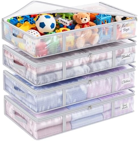 Under Bed Storage Containers 4 Pack 90L Mesh Clear for Blankets Clothes | Waterproof Clear Mesh Fabric, Sturdy Handles, Zippered Closure, for Blankets Clothing Sweaters Pillows Linens and Sheets by Fixwal