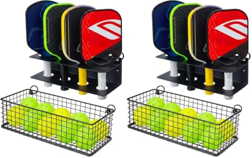 MyGift 16.5 Inch Black Metal Pickleball Paddle Rack and Ball Storage, Wall Mounted or Fence Hanging Equipment Organizer with Racket Holder and Basket for Balls (Pack of 2) by MyGiftHome