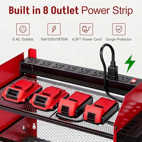 Power Tool Organizer Wall Mount with Charging Station, Heavy Duty 3 Layers Tool Storage Rack with 4 Cordless Drill Holder, Battery Holder with 8 Power Strip, Ideal for Garage, Warehouse, Workshop - Image 2