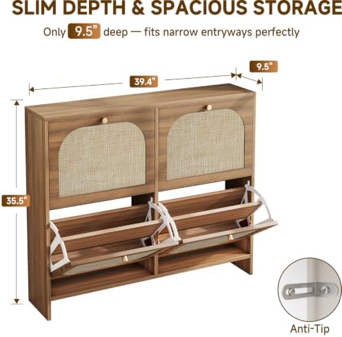 Nicetree Freestanding Ultra Slim Arched Rattan Accent Shoe Storage Cabinet for Entryway - 4 Flip Drawers & 3-Tier Adjustable Shelves, Farmhouse Modern Rustic Shoe Rack for Hallway, Foyer Oak - Image 2