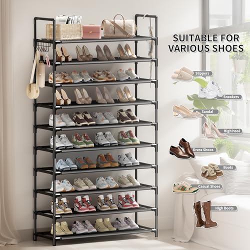 Shoe Rack, 10 Tier Shoe Storage Organizer with Hooks,Fit 40-45 Pairs Shoes,Nonwoven Fabric Tall Shoe Shelf for Closet,Entryway, Hallway,Garage,Bedroom,Cloakroom - Image 6