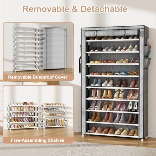 VILICK Shoe Rack with Cover Narrow Shoe Organizer with Pockets 10 Tier Tall Shoe Storage Holds 36-41 Pairs Shoes and Boots Shoe Rack for Closet Entryway Garage, Printing - Image 6