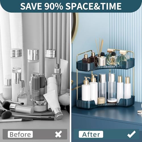 Corner Bathroom Counter Organizer Bathroom Countertop Shelf Makeup Organizer for Vanity Perfume Tray for Corner Storage (2 Tiers, Blue) - Image 6