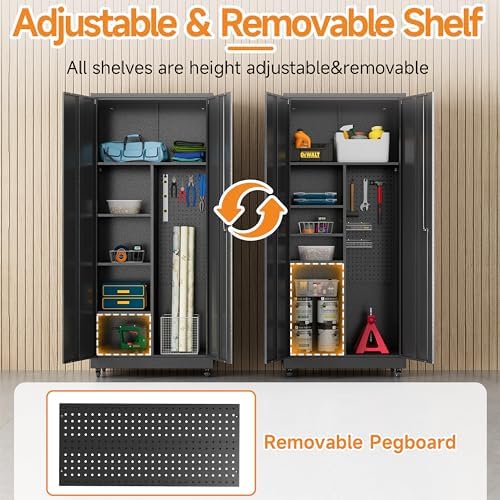Metal Garage Storage Cabinet with 2 Doors, Adjustable Rolling Tool Storage Cabinet with Lock, 71" Steel Locking Broom Closet with Wheels and Shelves for Garage, Warehouse(Black, 71" H) - Image 5