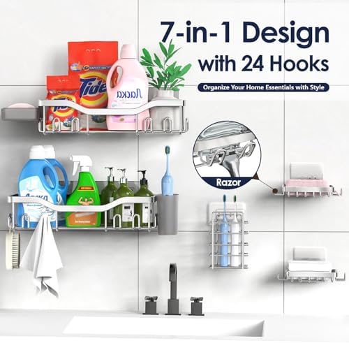 NESOMI Shower Caddy Adhesive Shower Organizer 7-Pack, Rustproof Stainless Steel Bathroom Shelves, Large Capacity No-Drill Rack Storage Accessories with Soap Dish Toothbrush Holder Hooks - Image 4