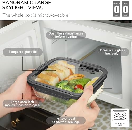 5-Pack Borosilicate Glass Containers with Tempered Glass Lids, 35.2oz/4.4 Cup Airtight Meal Prep Set, Microwave/Freezer Safe (Gray) - Image 6