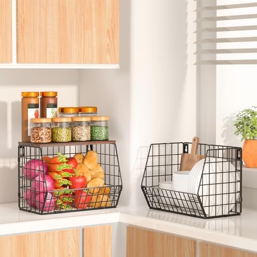 Wawocs Fruit Basket for Kitchen Counter 2 Tier Fruit Bowl, Stackable Wall Mounted Hanging Fruit Basket Wire Baskets with Wood Lid with 4 Banana Hanger Hooks, Onion Basket, Fruit and Vegetable Storage - Image 4
