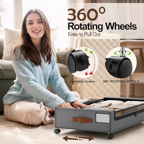 LAMU Under Bed Storage with Wheels, 2Pack Underbed Storage Containers, Grey | Smooth-rolling Wheels, Clear Lid & Label, Sturdy Metal Frame, Easy Install, Rolling Storage Drawers for Clothes, Shoes, Toys - Image 4