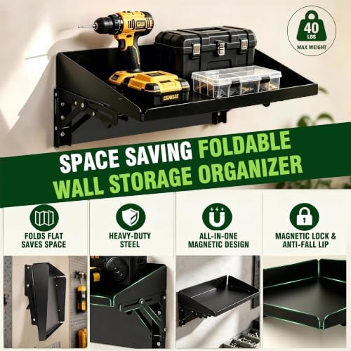 ULIBERMAGNET Magnetic Folding Shelf, 40LBS Heavy Duty Magnetic Mounted Rack for Garage, Workshop, RV,Power Tools,Toolbox,1Set Storage Shelves with Lip for Workshop Kitchen Office - Image 4