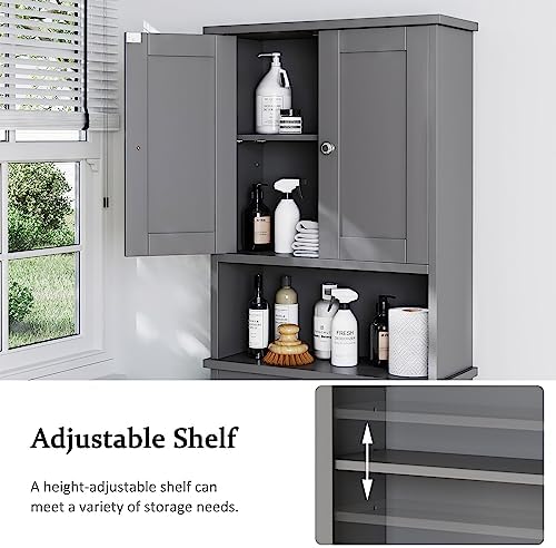 Over the Toilet Storage Cabinet, Bathroom Storage Cabinet Over Toilet with 2 Wood Doors, Freestanding Space Saver, Adjustable Shelf & Open Shelf, Grey - Image 5