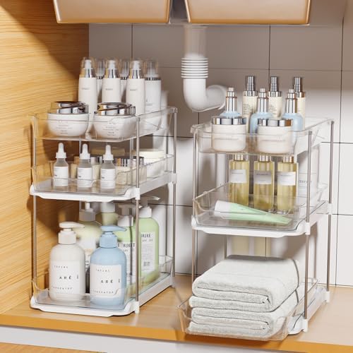 Delamu 2 Sets of 3-Tier Bathroom Under Sink Organizers and Storage, Multi-Purpose Stackable Pantry Organization and Storage, Pull Out Clear Kitchen Bathroom Cabinet Organizer with Movable Dividers by DELAMU