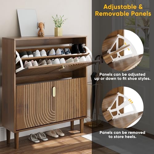 Smuxee Shoe Cabinet with 2 Flip Drawers, 31.5" Walnut Hidden Shoe Storage Cabinet with Line Groove Design, Freestanding Shoe Organizer Cabinet for Hallway, Entryway, Living Room - Image 4