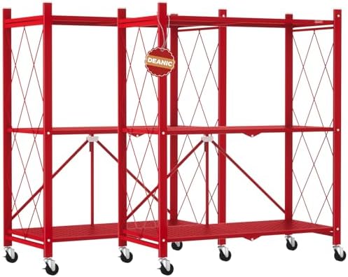 DEANIC 3 Tier Foldable Storage Shelves with Wheels, Kitchen Appliance Stand, Freestanding Metal Wire Shelf Rack, No Assembly Organizer Rolling Cart for Garage, Basement, Pantry(Red Pack of 2) by ShowNow