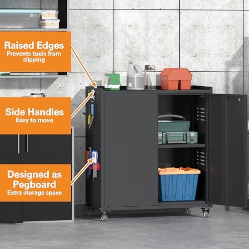 34" Metal Garage Storage Cabinet with Wheels, Adjustable Rolling Tool Storage Cabinet with Lock, Steel Locking Tool Cabinet with Doors and Shelves for Garage, Warehouse（Black） - Image 6