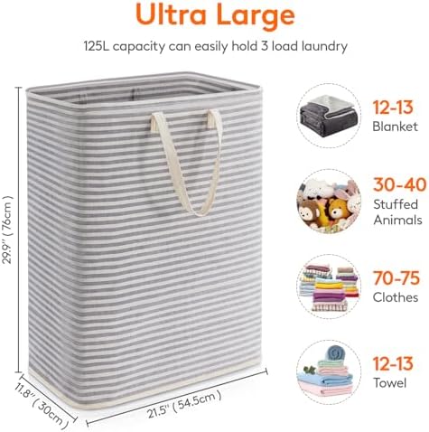 Lifewit 1 Pack Laundry Basket 125L Each, Collapsible Clothes Hamper with Reinforced Handles, Freestanding Waterproof Design for Bedroom and Laundry Room, Grey 125L Total - Image 4