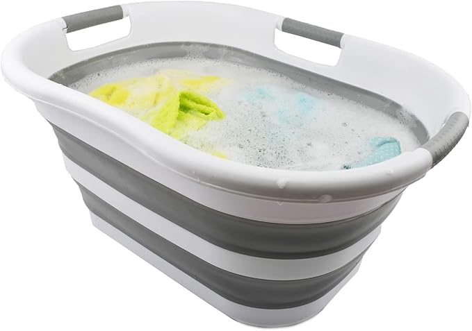 SAMMART 40L (10.5 gallons) Collapsible Plastic Laundry Washing Tub - Foldable Pop Up Laundry Basket/Hamper - Portable Washing Tub - Pop Up Saving (White/Grey) by SAMMART