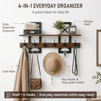 33.86" Wall Mounted Coat Rack with Shelf, Heavy Duty Entryway Wall Organizer with 6 Dual Hooks and Key Holder, Rustic Wood Coat Hanger for Coats, Bags, Hats, Hallway, Mudroom, Bathroom (Rustic Brown) - Image 2